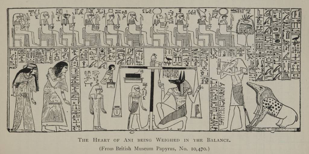 The Psychostasia (Weighing of the Heart) before Osiris, Anubis, and Thoth in the Hall of Two Truths.