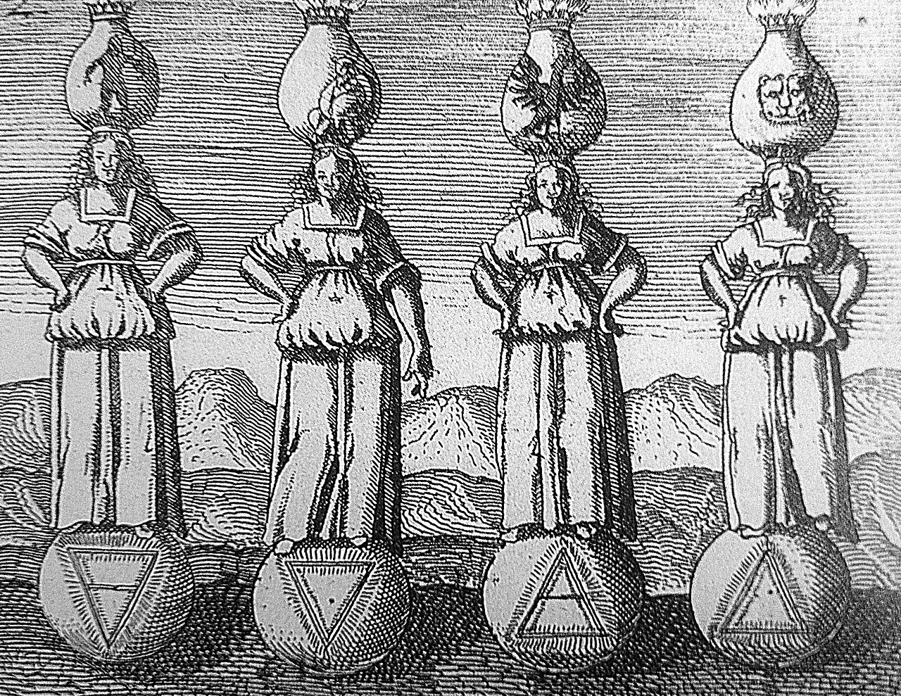 Allegorical personification of the Four Classical Elements—Ignis, Aer, Aqua, and Terra—in alchemical equilibrium.