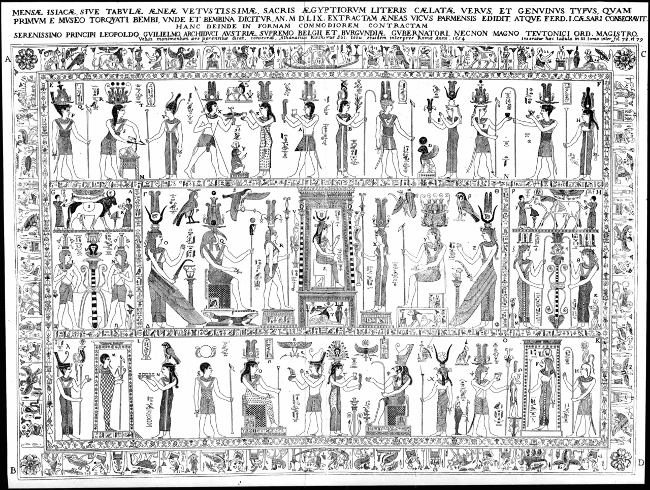 The Mensa Isiaca (Bembine Tablet of Isis): Seventeenth-century copperplate reconstruction of the sacred Egyptian mysteries of Isis, Osiris, and Thoth.