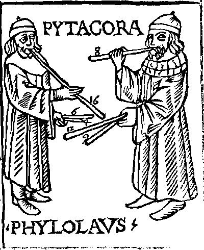 Pythagoras investigating harmonic proportions through mathematical weights, bells, strings, and vessels.