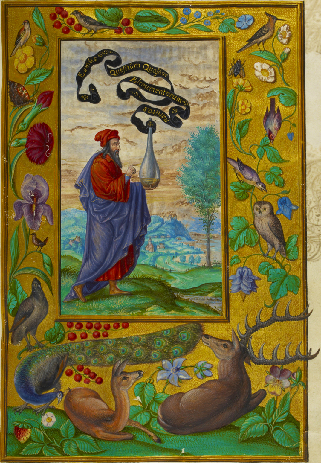 The Solar King and Lunar Queen holding the philosophical scrolls above the alchemical alembic.