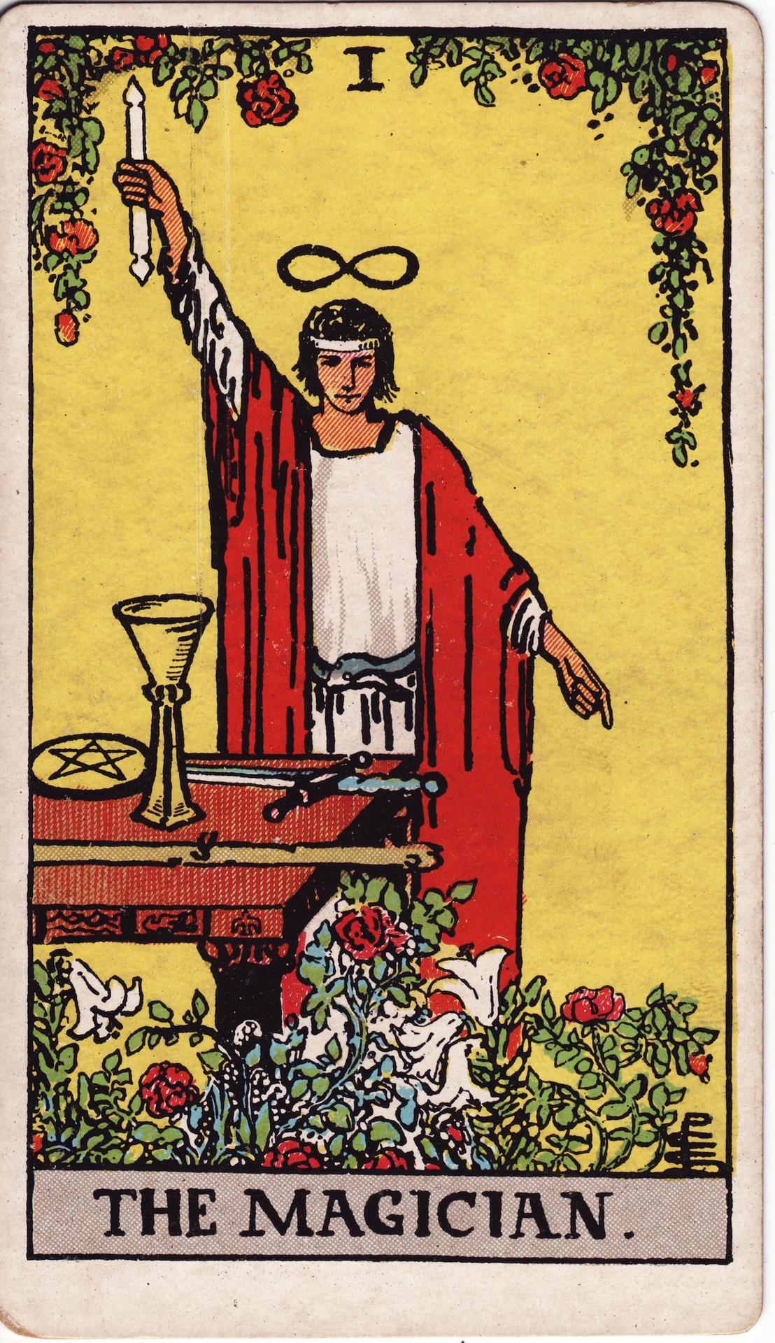 Key I — The Magician (Le Bateleur): Illustrating the Hermetic axiom “As above, so below” with the four elemental implements upon the table.