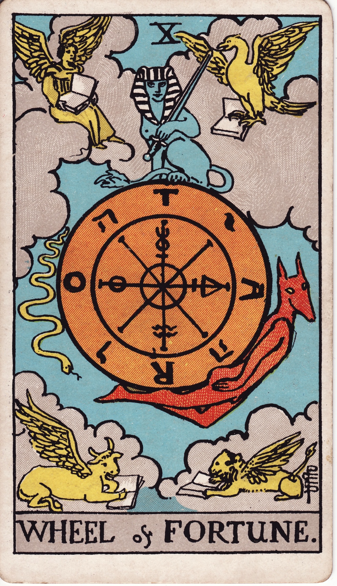 Key X — The Wheel of Fortune (Rota): Bearing the Tetragrammaton, the four alchemical signs, the Sphinx, Hermanubis, and Typhon.