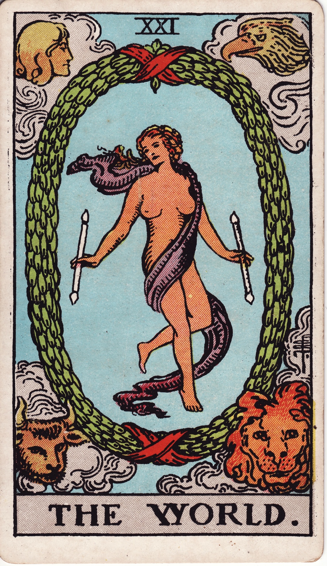 Key XXI — The World: The cosmic synthesis surrounded by the Tetramorph (Lion, Bull, Eagle, and Angel).